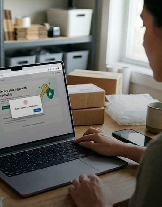  Shopify store owner securing the admin login with a passkey on a laptop